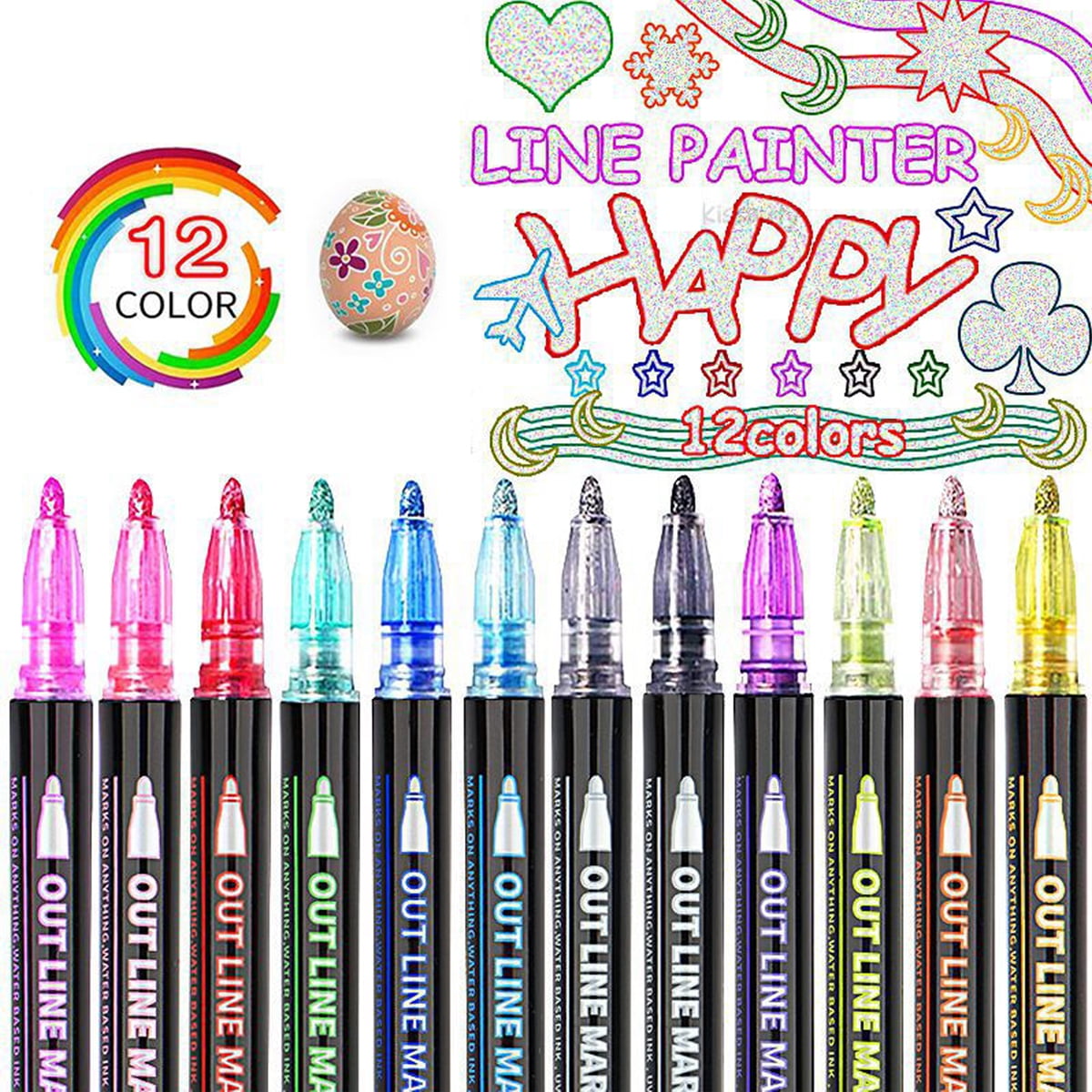 QingY-Glitter Pens, Magic Pens, Party Bags, Children's Birthday, 12 Outline  Pens, Glossy Pen, Metallic Magic Pens for Painting, Scrapbooking, Crafts  Girls, School Girls Gifts 4-12 Years 