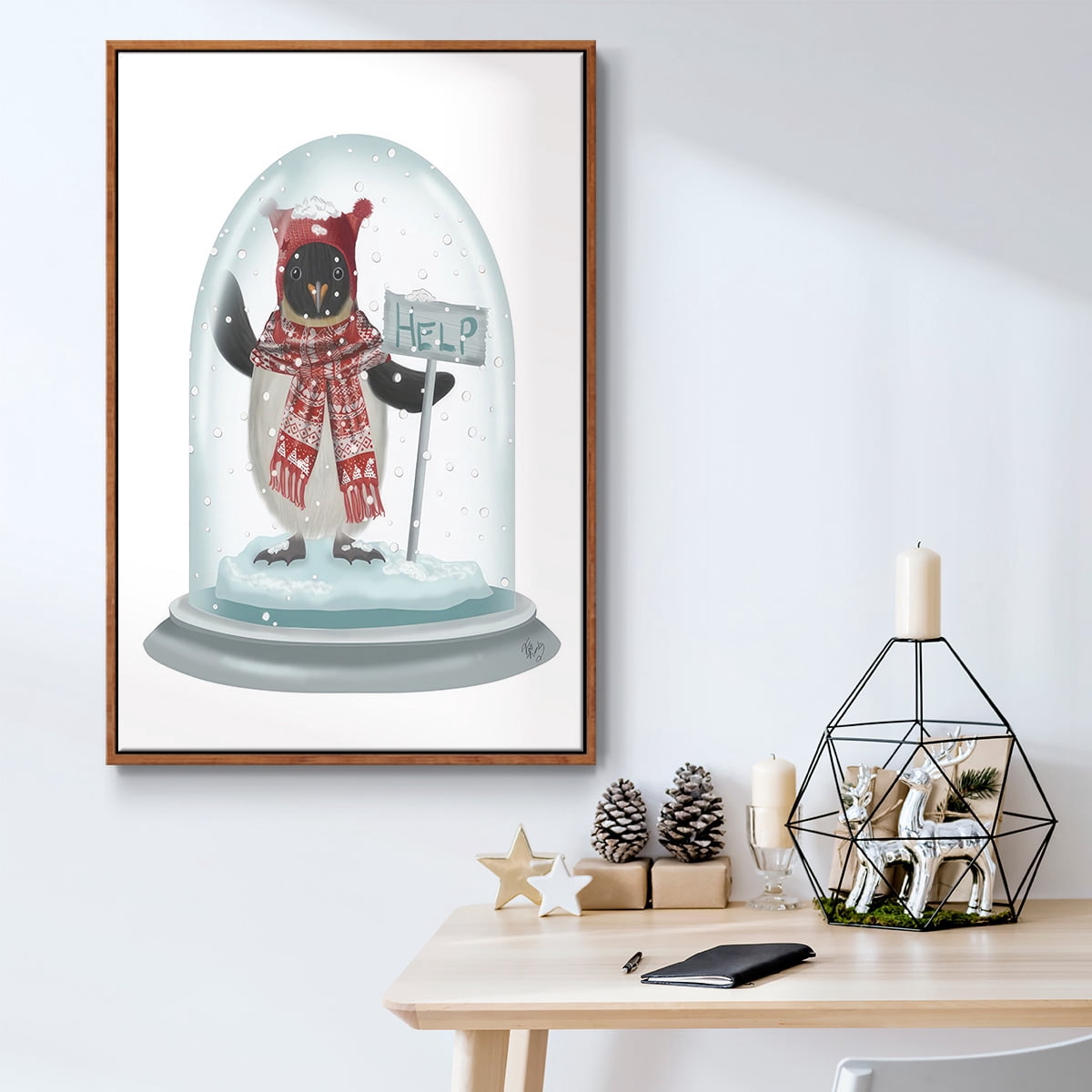 Christmas Penguin Snow Globe - Framed Gallery Wrapped Holiday Canvas - 27 x 41 - Rosewood Frame