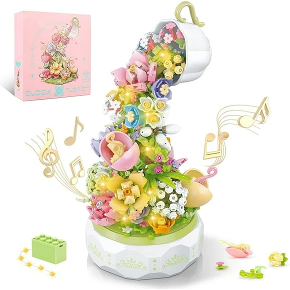 Flowers Botanical Collection Music Rotating Box Building Block with Light (575 PCS) Compatible with Lego Creator Set,6+ Girl's Toys