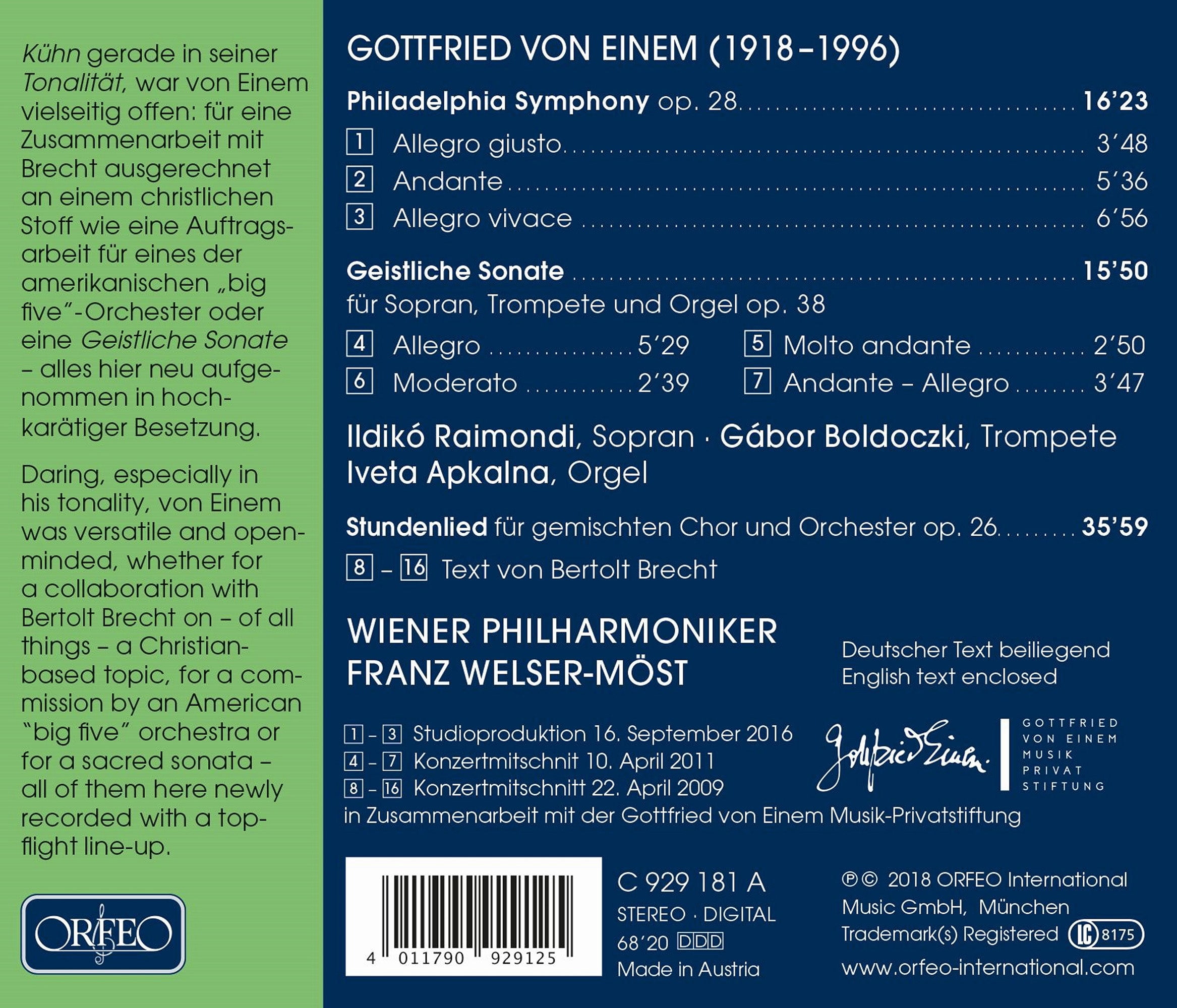 Von Einem / Raimondi,Ildiko / Apkalna / Boldoczki - Von Einem: Philadelphia Sym / Geistliche Sonate - Music & Performance - CD