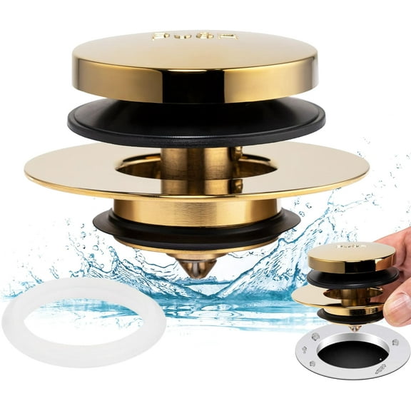 Osmanthus Universal Tip Toe Bath Drain Stopper and Cover, Bathtub Drain Stopper, Replaces Lift and Turn, Tip-Toe and Trip Lever drains for Tub, EZ Installation and Clearing (Polished Brass)