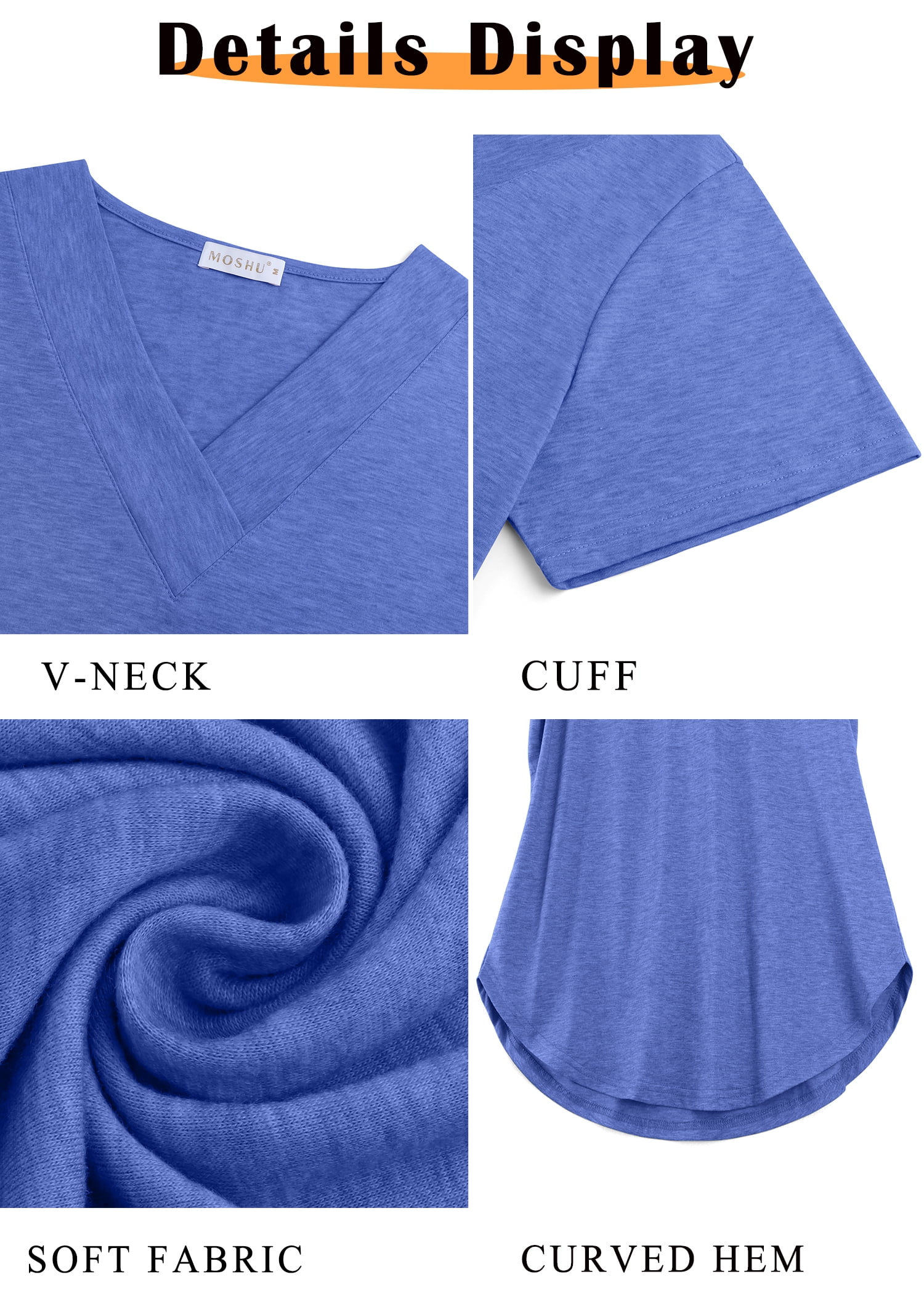 MOSHU Deep V Neck Womens Tops Curved Hem Shirts for Women Fashion Trendy Blouses Casual Loose Fit Tees Tops