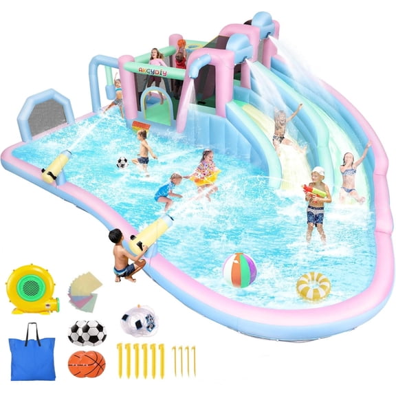 Adnoom Inflatable Water Slide with 2 Long Slide&Large Splash Pool,21ftx15ft Giant Water Park w/950W Blower for Big Kids 3~10,Wet&Dry Bounce House W/Jumping Area, Basketball Hoop,Water Gun,Soccer Goal