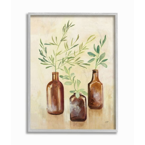 Stupell Industries Abstract House Plants in Glass Green Brown Painting Framed Wall Art Design by Julia Purinton, 16" x 20", Gray Framed