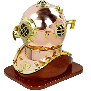 Full-Size U.S. Navy Mark V Copper & Brass Diving Helmet Replica with Wooden Base by ecWorld