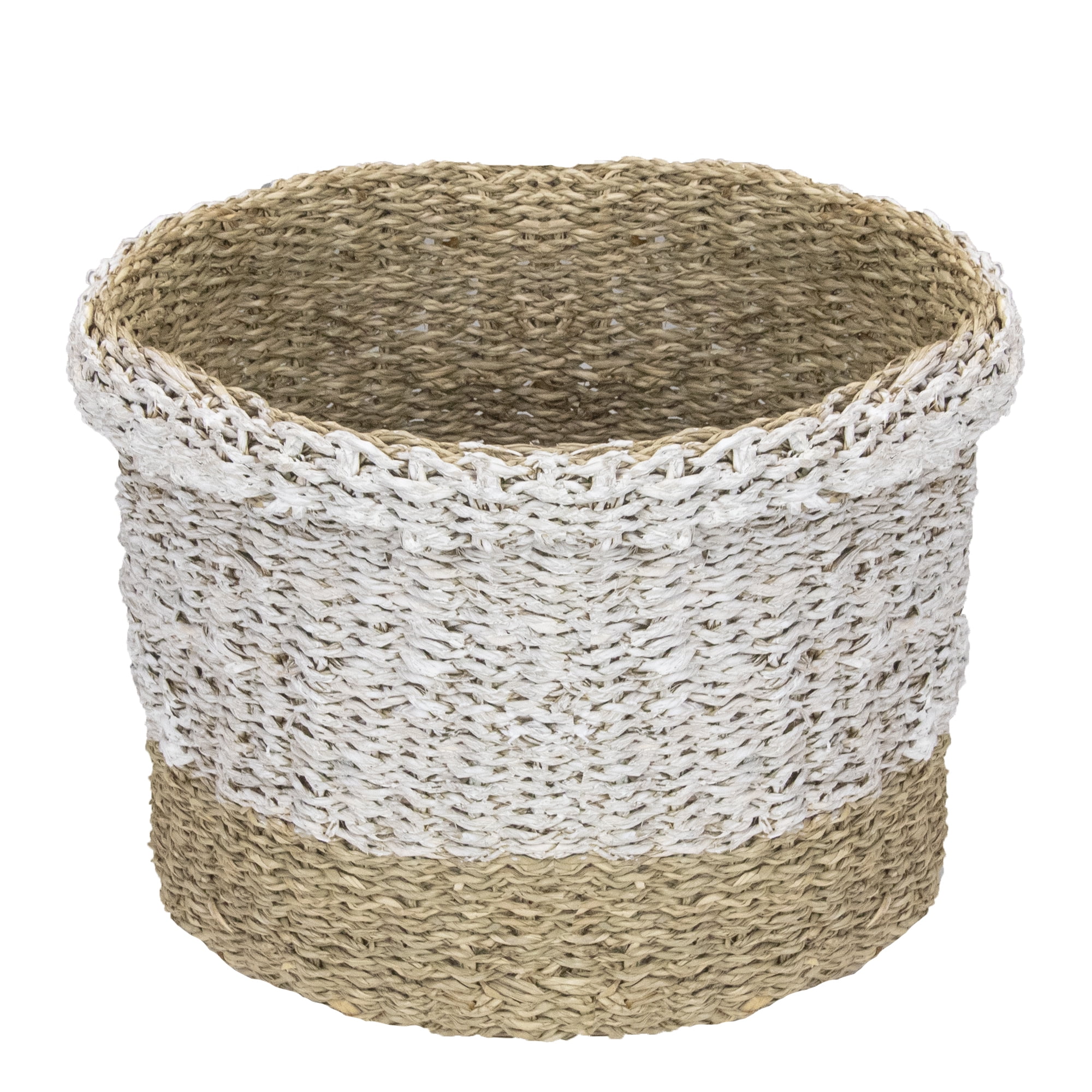 Set of 3 Beige and White Round Wicker Table and Floor Baskets