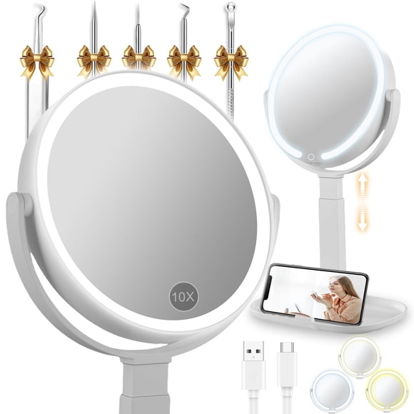 ROWIDE Espejo de Maquillaje Iluminado,Espejo de Aumento Doble Cara 1X/10X con 3 Luces de Color,Brillo y Altura Ajustables,360° Rotación,Carga USB