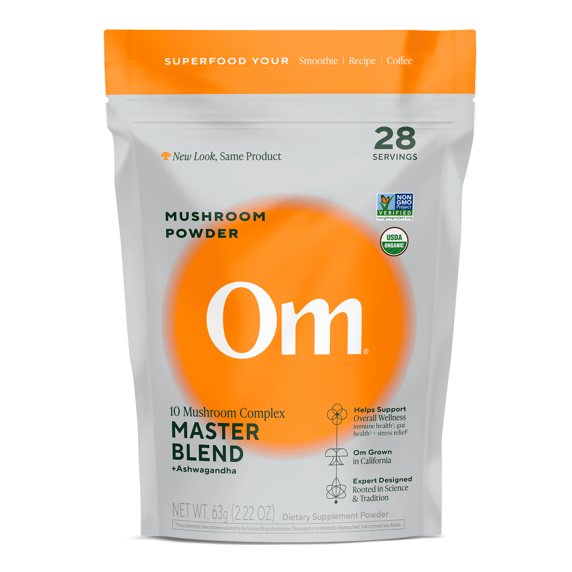 Om Mushrooms Master Blend Mushroom Powder, Organic Mushroom Supplement with 10 Mushrooms and Ashwagandha, Support Immunity, Gut Health & Stress Relief, 28 Servings (63g)