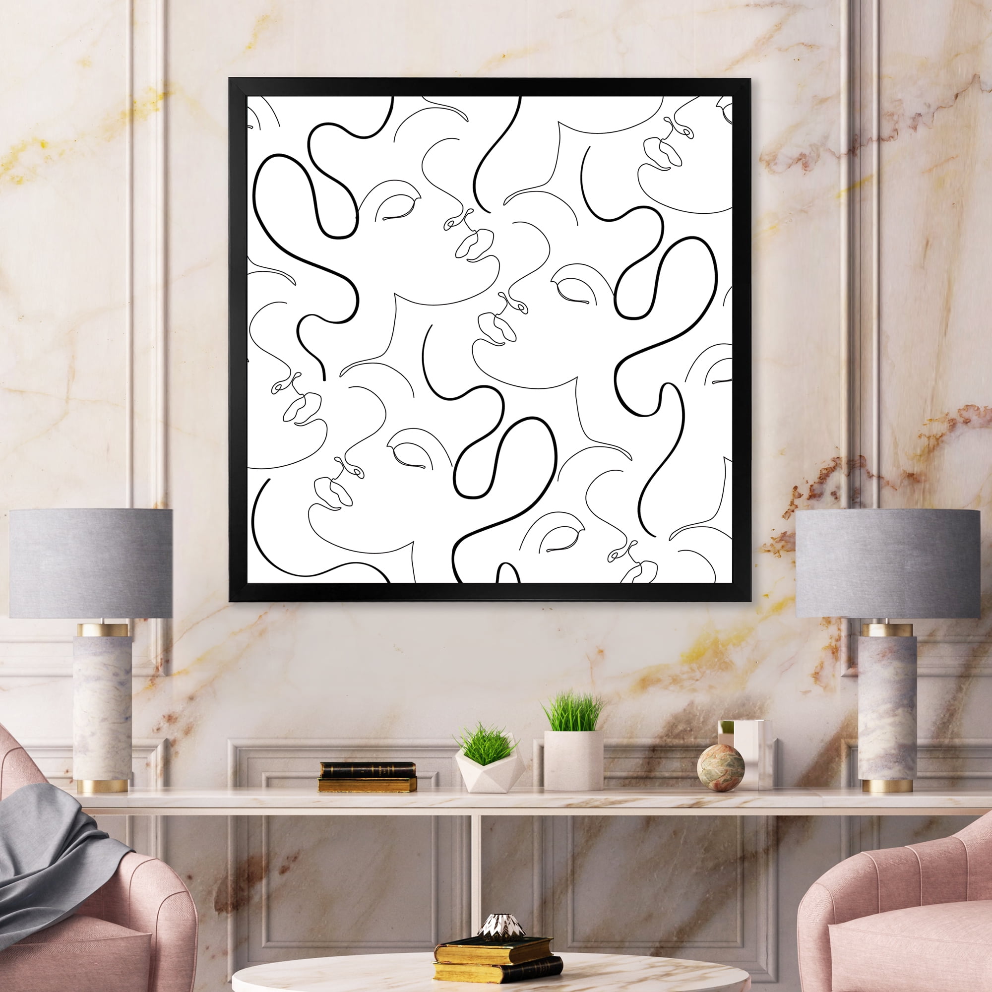 Designart 'Black and White One Line Drawing Portraits' Modern Framed Art Print