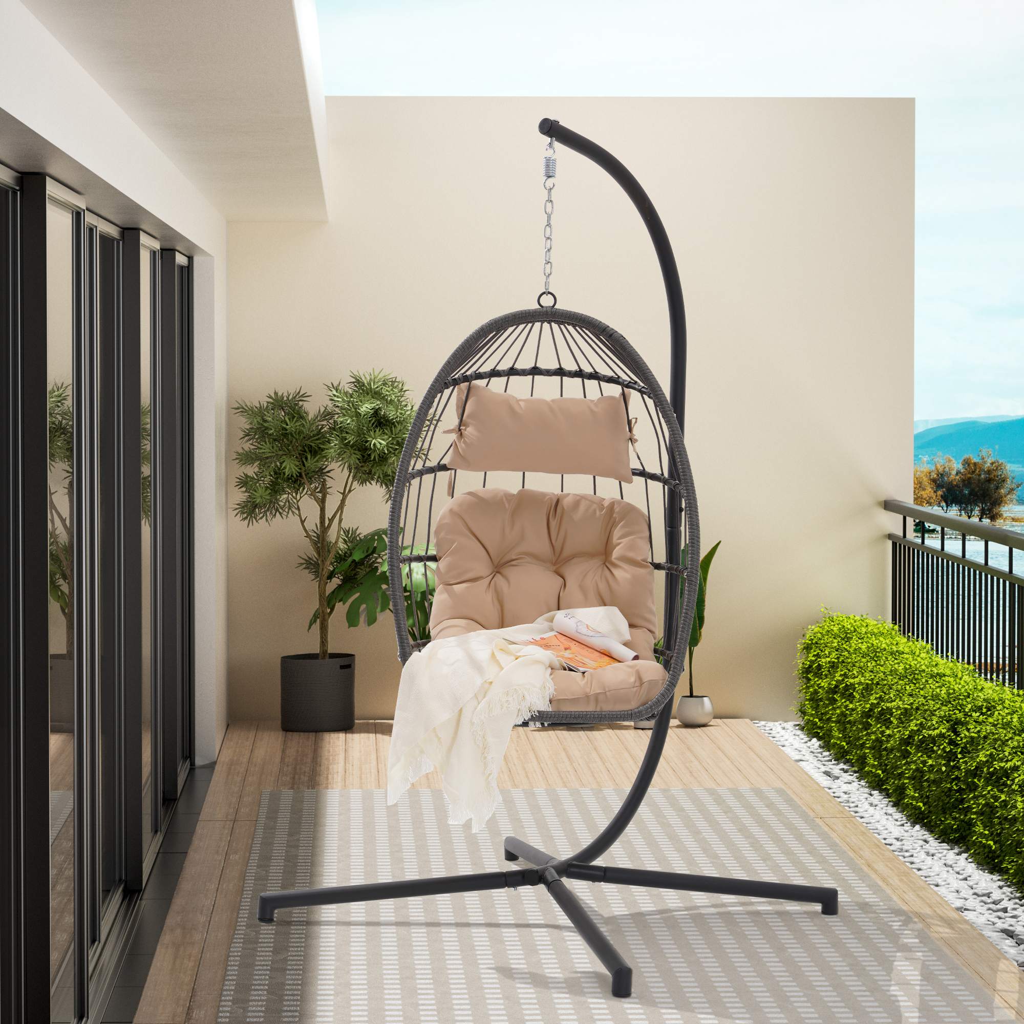 Wicker Swing Chair, BTMWAY Patio Foldable Egg Chair with Stand and Cushions, Outdoor All-weather Rattan Hammock Egg Chair Folding Hanging Chair for Balcony Backyard Garden Poolside, Holds 380lb, Beige - image 2 of 4