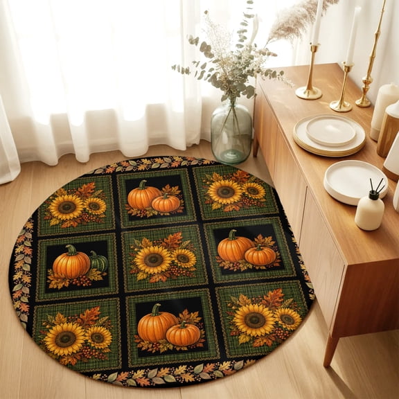 Round Rugs 3Ft, Thanksgiving Round Area Rug Washable Indoor Throw Carpet, Fall Pumpinks Sunflower Leaves Vintage Small Non Slip Circle Rug for Bedroom Living Room Home Decor Aesthetic