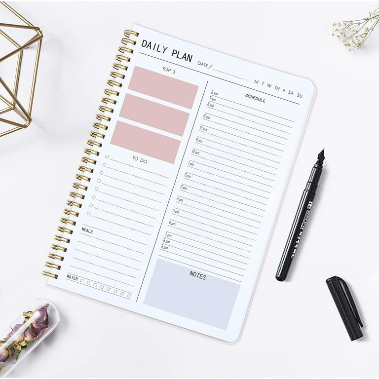 KAICN Daily Planner - Hourly Schedules Agenda Appointment Planner Undated  with to-Do List, Meals, Notes 10×7.3, Flexible PVC Hard Cover, Twin-Wire