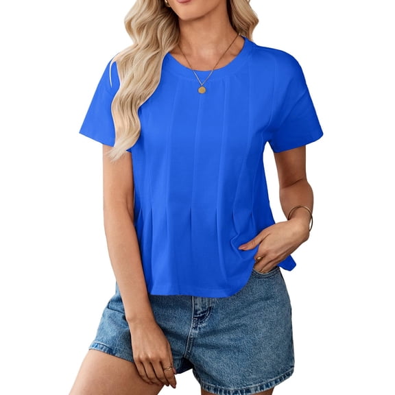 LWavelet Women's Pleated Blouse Short Sleeve Tops Round Neck Casual Loose Fit Summer Basic Tee Blue XL