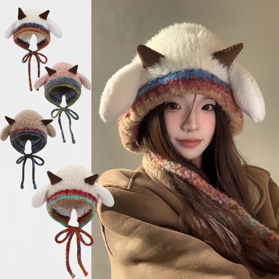 Wutalume Knitted Winter Hat with Plush Sounding Lamb Ear Flaps, Fleece Lined Warm Beanie for Kids and Adults, Fun and Cozy Cold Weather Hat,Beige
