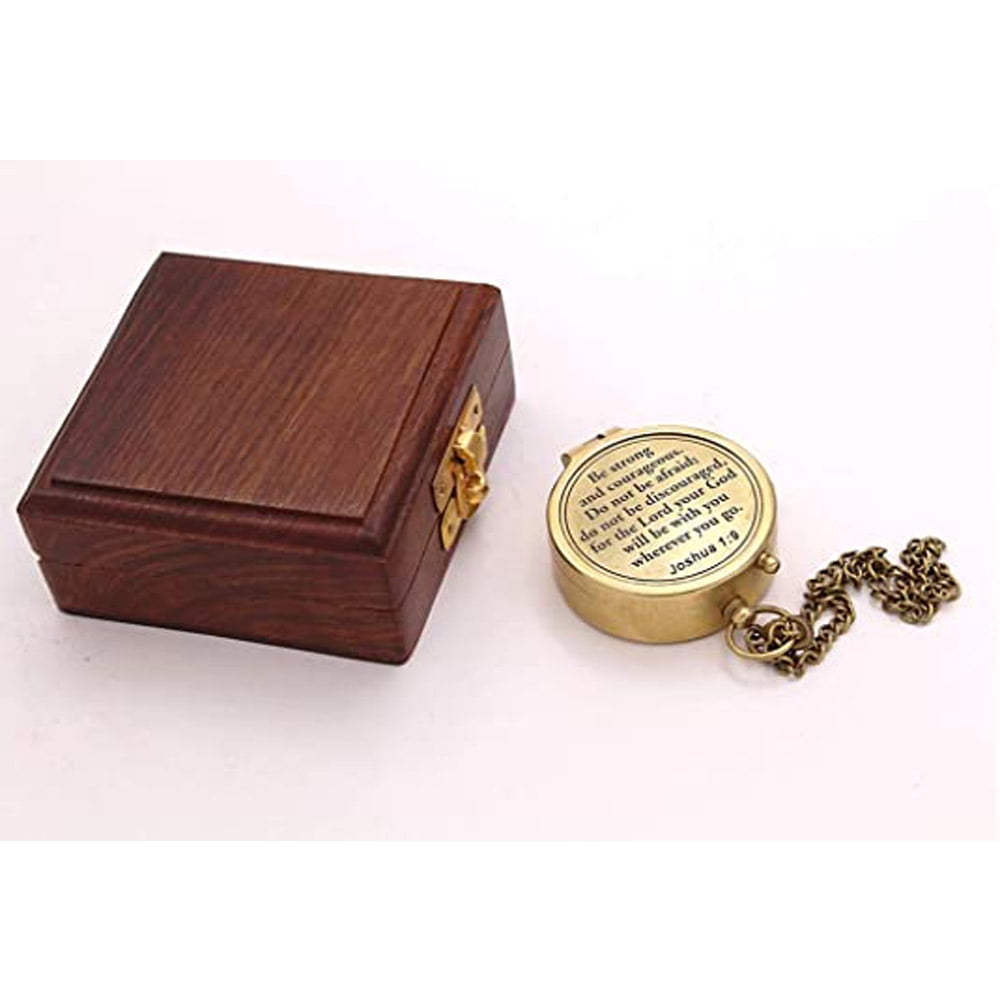 Roorkee Instruments India Brass Engraved Yellow Color Compass with Wooden Box