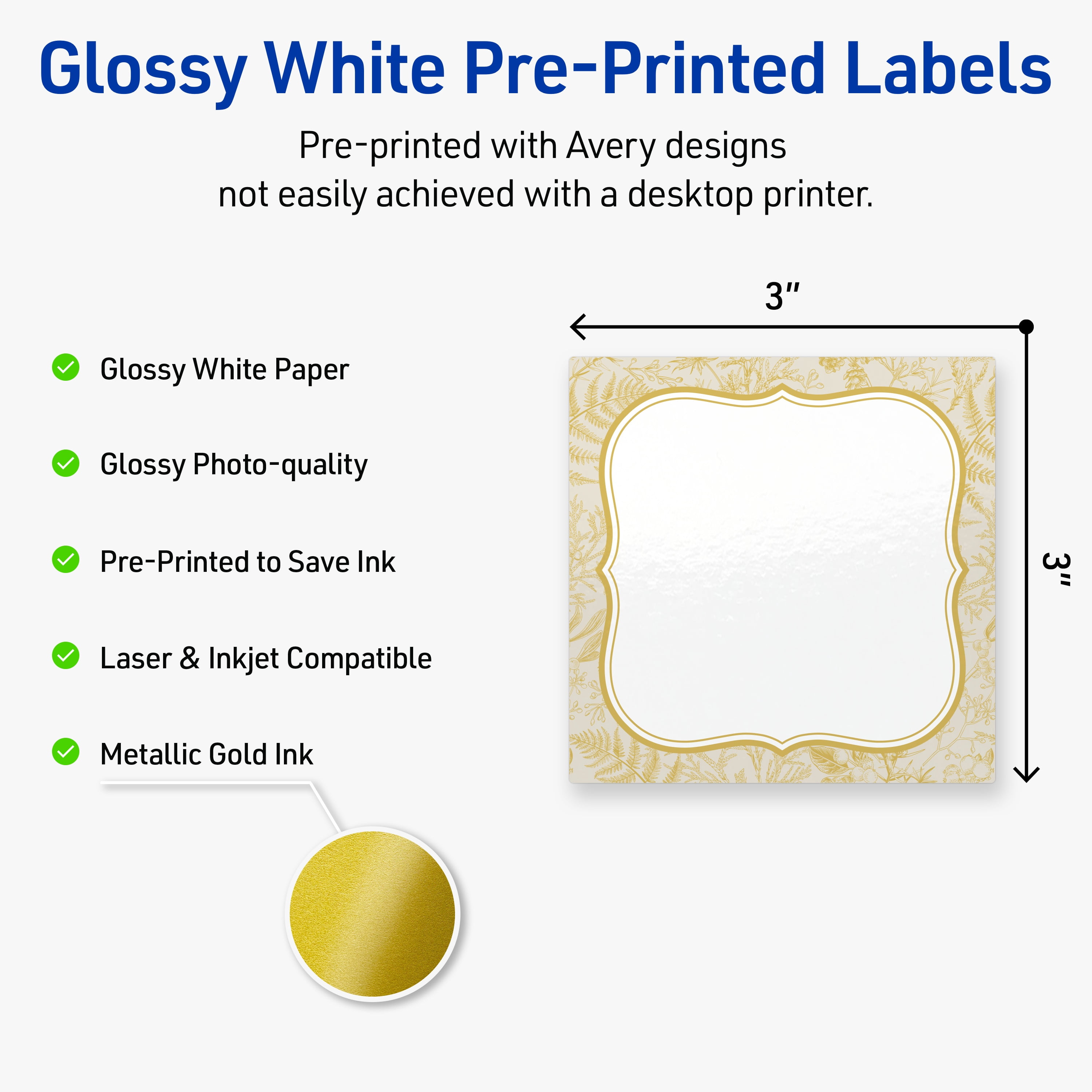 Avery Square Labels, 3" x 3", Flourish Gold Florals Design, Glossy