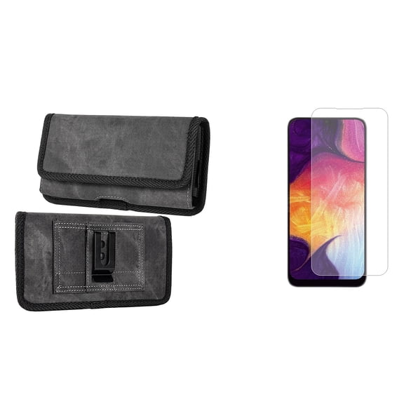 Pouch and Screen Protector Bundle for iPhone 14: Rugged Denim Nylon Belt Holster Case (Grey/Black) and (2-Pack) Tempered Glass Shield