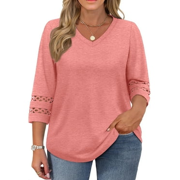 WellSize 3/4 Sleeve Womens Plus Size Tops V Neck Trendy Tunic Blouses Curved Hem Casual Shirts