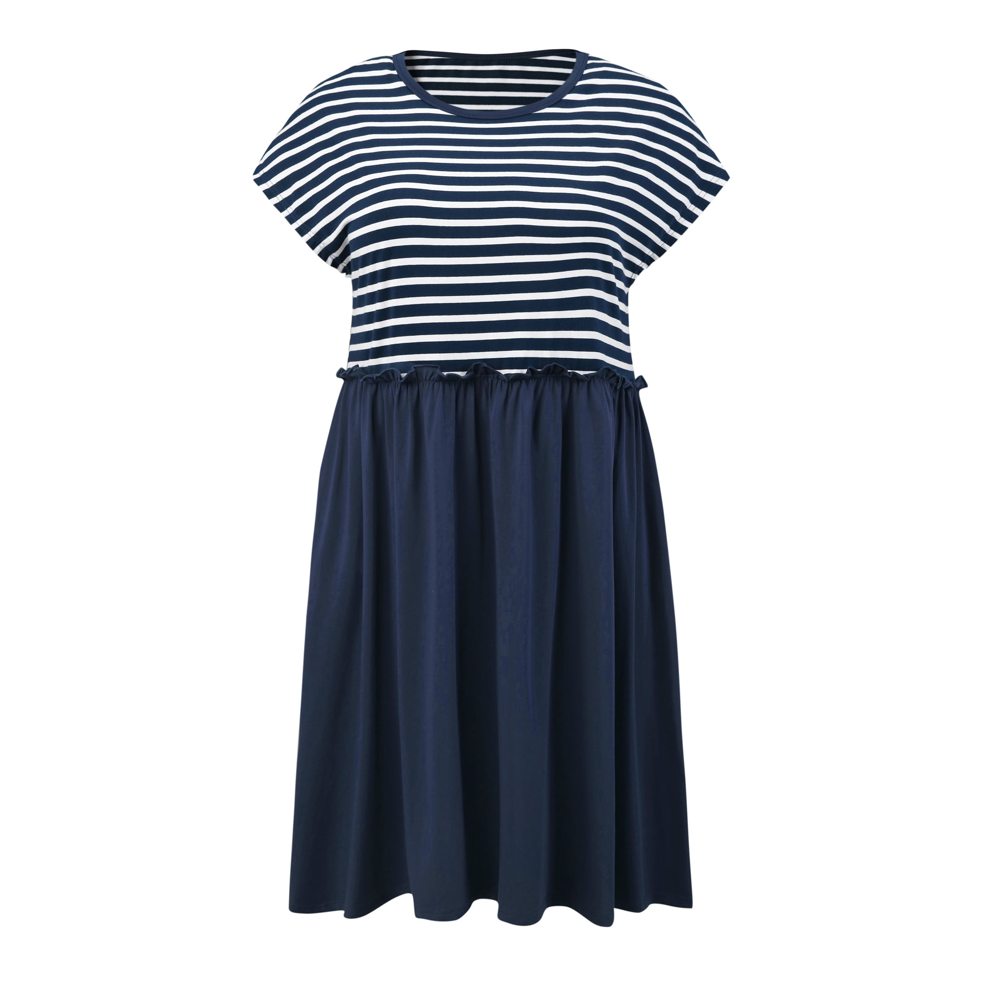 DARING DIVA Women's Plus Casual Midi A-Line and Striped Dress 1X Navy Blue