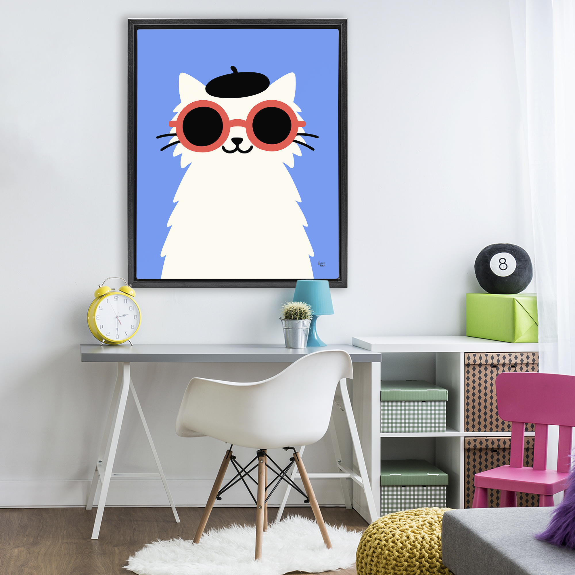Stylish French Cat Black Framed Floater Canvas Wall Art, design by Jessica Beck
