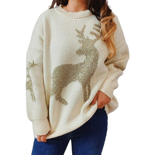 Suéter Divertido Gibobby de punto manga larga cuello redondo Jacquard dorado suelto mujer Otoño Invierno Blanco M
