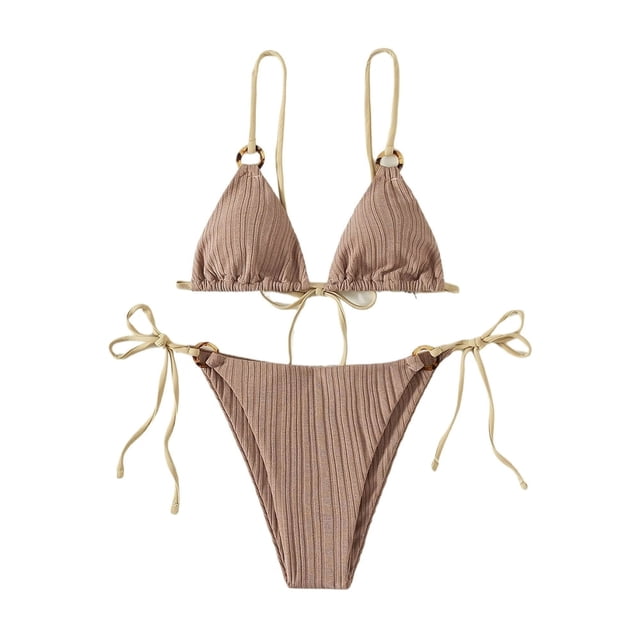 2 Pcs/Set Summer Bikini Set Solid Color Spaghetti Strap Hoop Classic Women Swimsuit for Water Sports