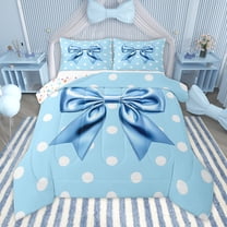 Manfei Kawaii Blue Bow 3 Pieces Queen Comforter Set for Teens Children Girls,Cartoon Polka Dots Ultra Soft Bedding Sets,Dreamy Princess Bedding Comforter Set,Luxury Bedroom Decor,Reversible