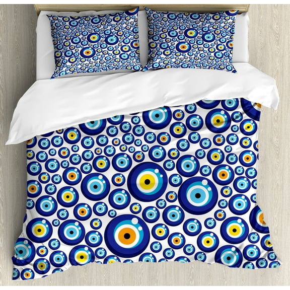 Ambesonne Evil Eye Duvet Cover Set, Turkish Traditional, Calking, Orange Yellow and Blue
