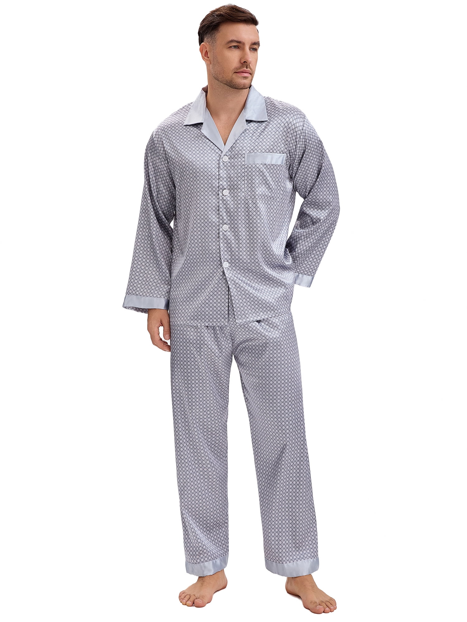 DARING DIVA Men's 2-Piece Button Down Printing Sleepshirt Pajamas Set L Silver Gray