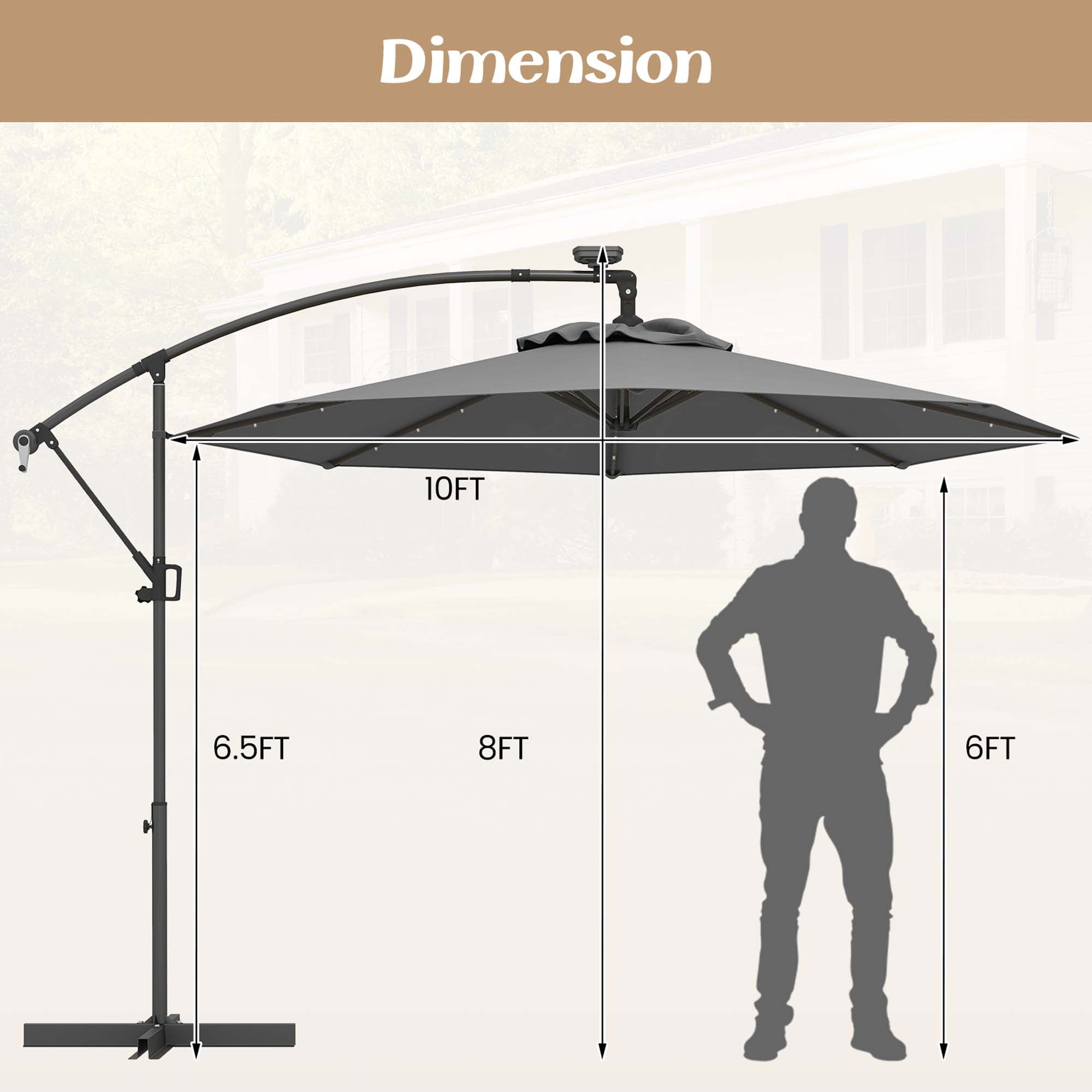 Costway 10FT Patio Offset Umbrella Sun Shade 32 Solar LED Light 360° Rotation Gray