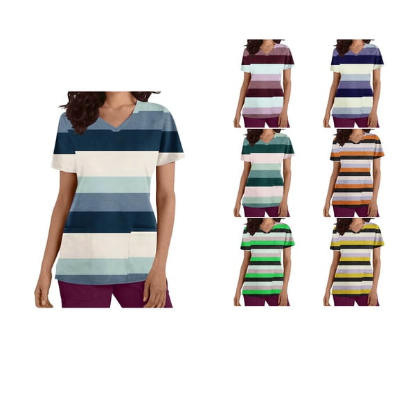 Antinious Summer Tops for Women Trendy,Sweatshirt for Women,Ladies Stripe Casual V-Neck Short Sleeve Tops with Pocket,Wine,L