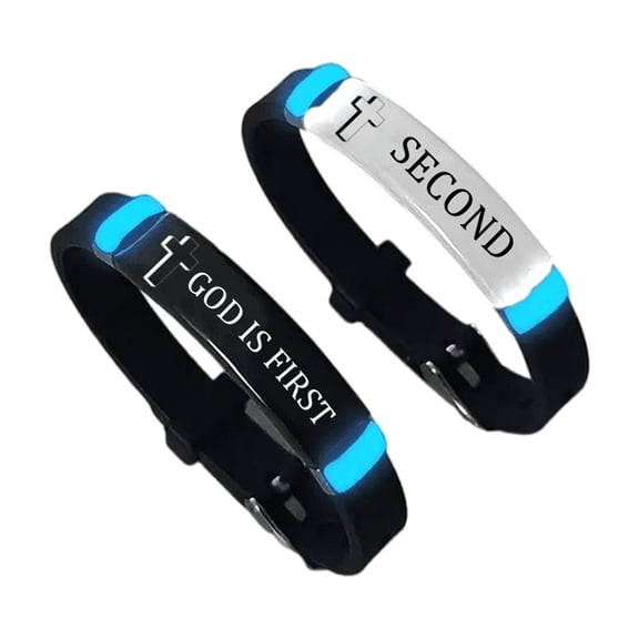 GOD IS FIRST Bracelets, 2pcs Glow in the Dark Christ 3D Cross Slicone Bangles for Men Women, Inspirational Christian Wristband, Faith Gift for Believers