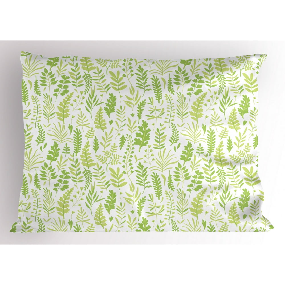 Leaves Pillow Sham, Foliage Pattern in Green Shades Woodland Simplistic