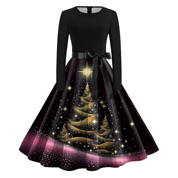 TJAZFJPA Black Wrap Dress Women Christmas Print Long Sleeve Bow Elegant Long Skirt Round Neck Dress Beach Dress Knit Dresses for Women