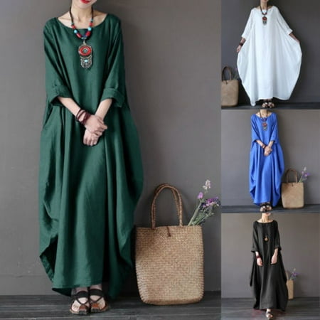 - Women Crewneck 3/4 Batwing Sleeve Baggy Maxi Long Shirt Dress Casual Party Kaftan Solid Robe Vestido Plus Size 5XL
