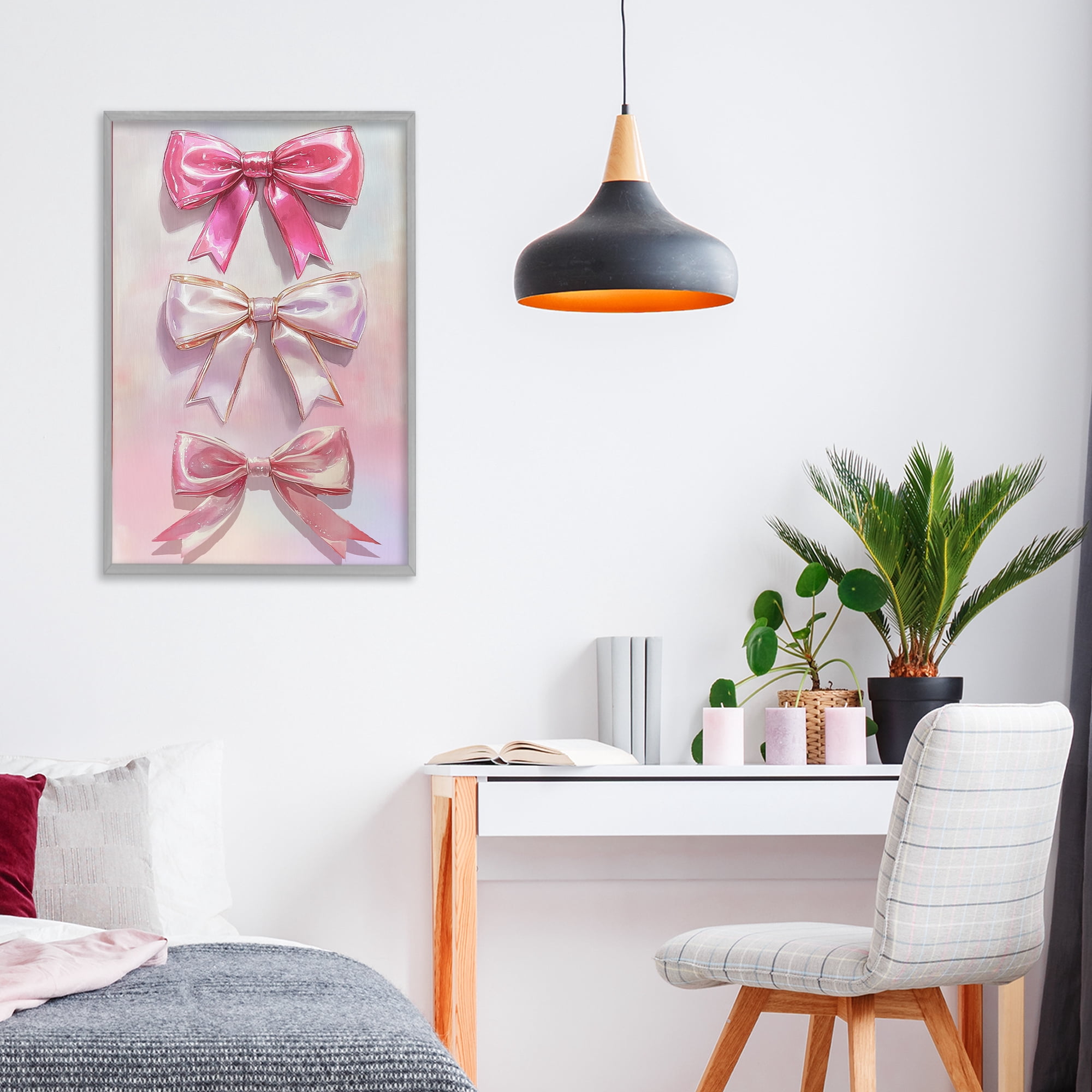 Stupell Industries Blush And Satin Bows Gray Framed Giclee Art, design by Annabelle Hall