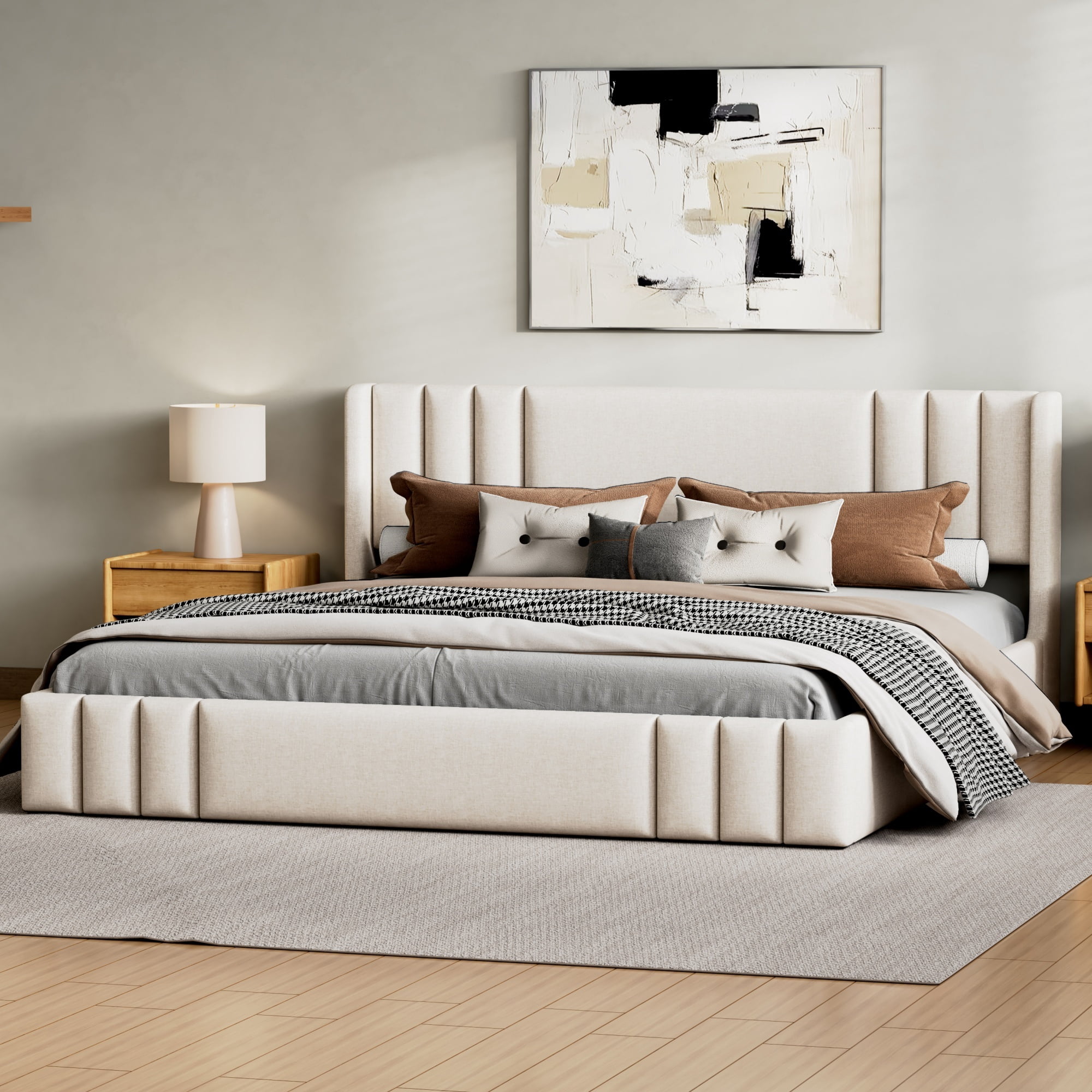 Euroco King Size Upholstery Platform Bed with Headboard, No Box Spring Needed, Beige