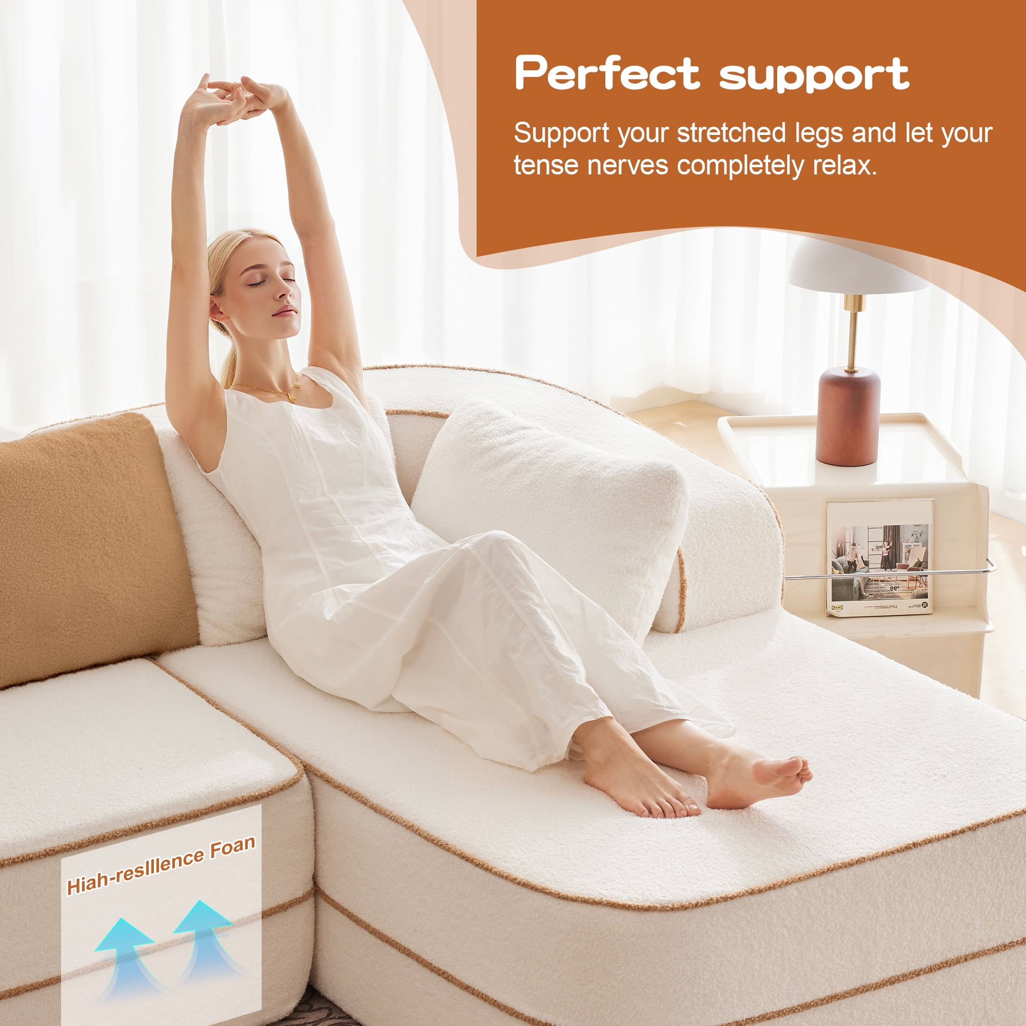 106" Teddy Fabric No Assembly 32D Boneless Sofa, Comfy Couch with L-Shaped Chaise for Living Room, White