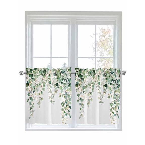 Half Window Curtain 36 Inches Long, Eucalyptus Leaves Window Treatment Curtain Drapes, Teal Botanical Summer Watercolor Small Tier Curtains for Bathroom Over Sink, 27.5"x36", 2 Panels