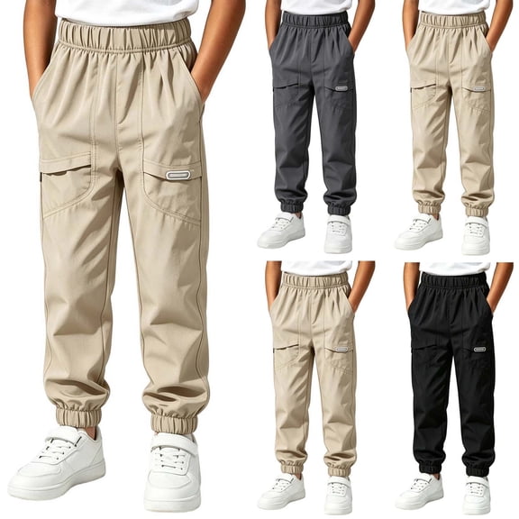 Nilvkv Boys Cargo Pants, Boys Solid Color Cuffed Joggers with Relaxed Fit Elastic Waist and Utility Pockets for Casual Wear Beige 14-15 Years