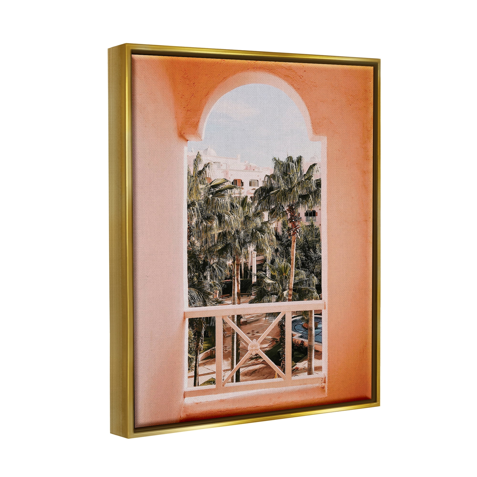 Stupell Tropical Palm Trees Window View Landscape Photography Gold Floater Framed Art Print Wall Art