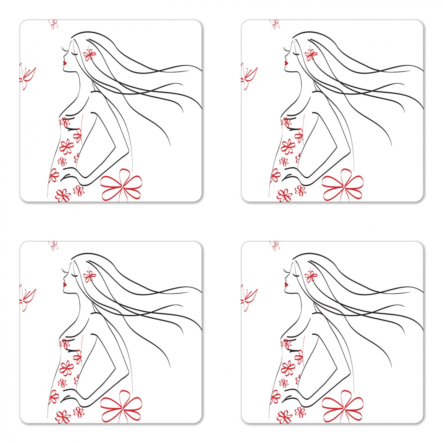 Animal Coaster Set of 4, Young Girl in Dress with Flower Ornamentals Butterfly Blowing Hair Art, Square Hardboard Gloss Coasters, Standard Size, Charcoal Grey Vermilion, by Ambesonne