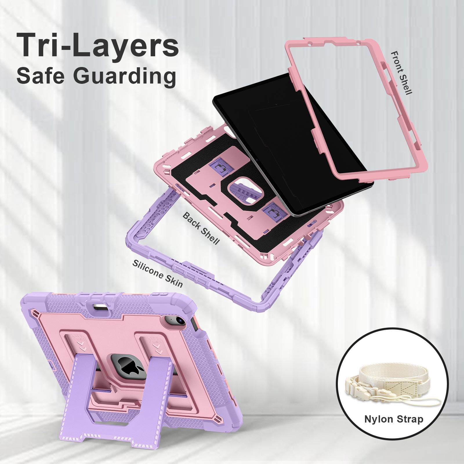 ELEHOLD 3-Layer Rugged Case For Apple iPad Air 11 (2025 / 2024) Heavy Duty Shockproof Cover, [Drop Protection], [Logo Visible], With Kickstand & Pencil Holder & Shoulder Strap, Purple+Rosegold