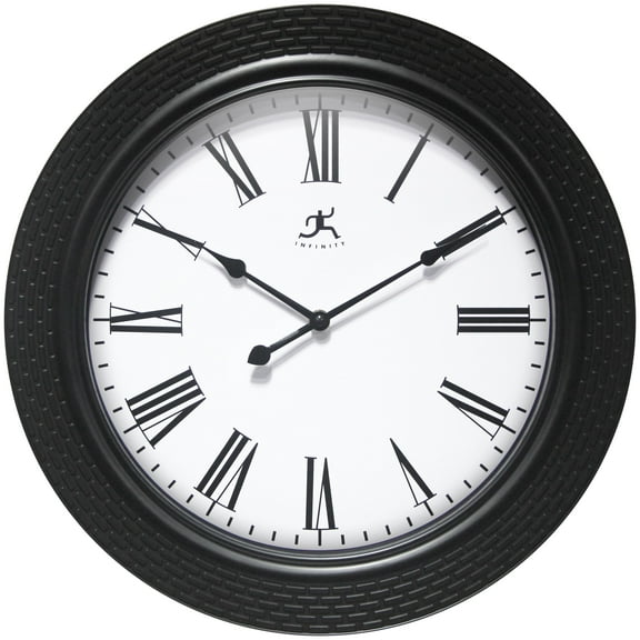Infinity Instruments Roman Weave Plastic 16" Indoor Wall Clock with Roman Numerals & Quartz Movement for Accurate Timekeeping, Black