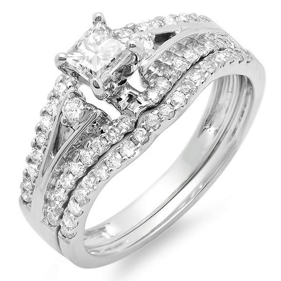 Dazzlingrock Collection 1.00 Carat (ctw) 14K Princess & Round Diamond Bridal Wedding Band Set 1 CT, White Gold, Size 10