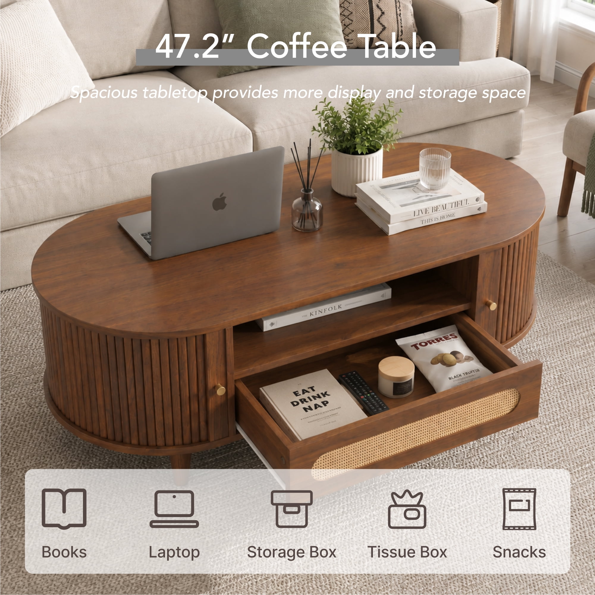 Spruce & Spring 47.2" Mid-Century Modern Rattan Coffee Table with Sliding Doors and Open Storage, Oval Center Table with Rattan Drawer, Solid Wood Legs for Living Room, Walnut