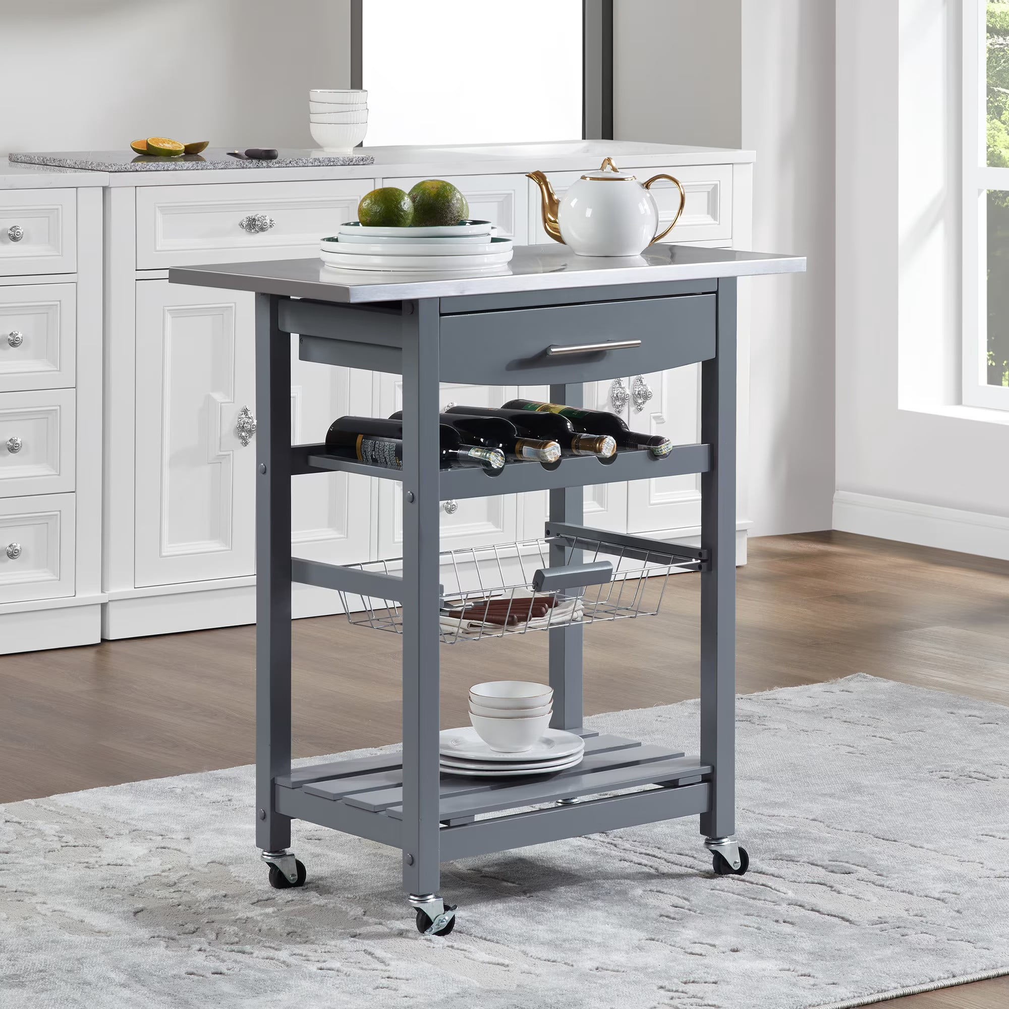 Avobird Kitchen Island Cart, Mobile Kitchen Cart with 30inch Stainless Steel Countertop/Underneath Drawer/Slide-Out Wire Storage Basket, Gray