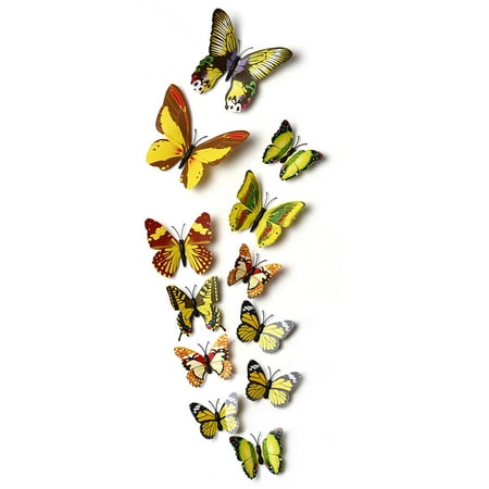 Yellow Decor For Living Room 12pcs 3D Butterfly Wall Decor Stickers for Living Room Bedroom Office Decorations Yellow ()