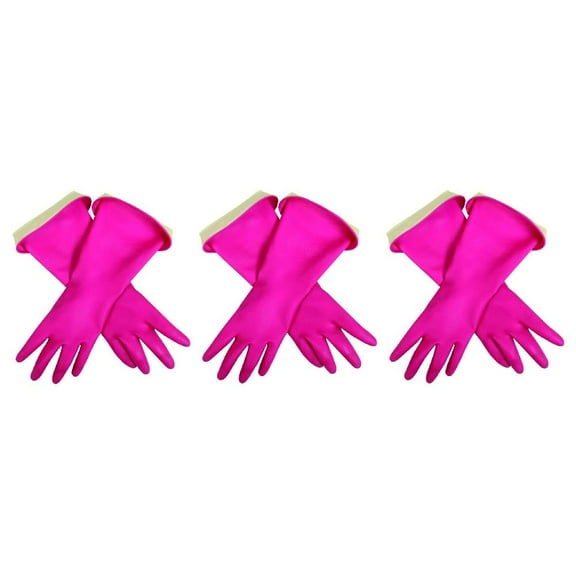 Casabella Waterblock Gloves Rubber Latex Cotton Flock Lining Turnback Cuff Premium Medium Pink, 3-Pack