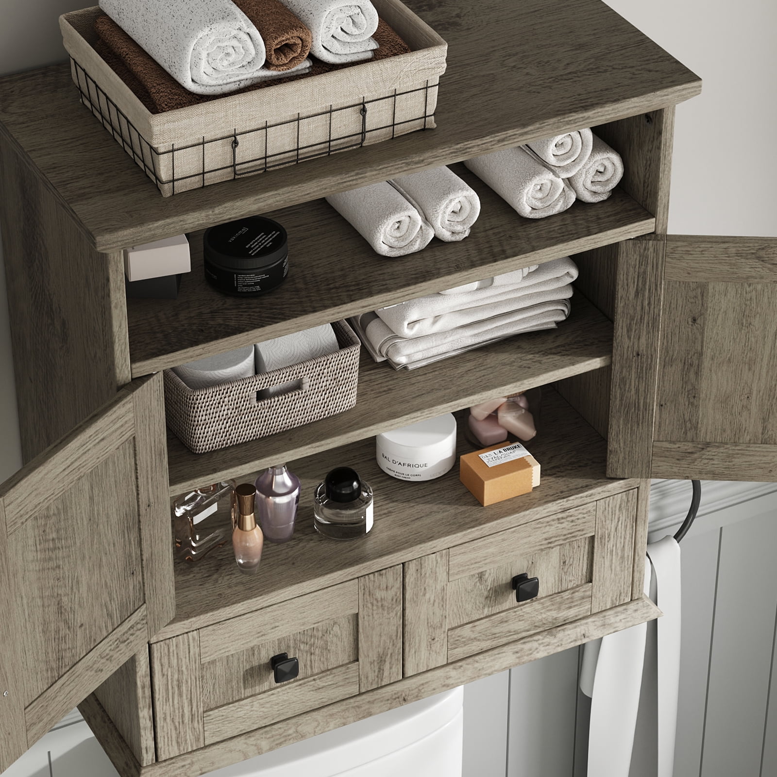 IDEALSOUL Wall Bathroom Storage, Bathroom Medicine Cabinet with Double Door Wall, Two Drawers, Adjustable Shelves, Gray